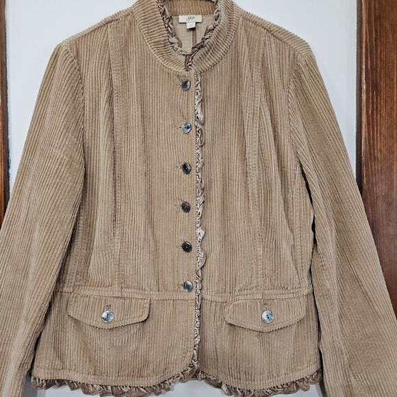 J. Jill Tan Corduroy Button Up Jacket Size Large Ruffles Ribbed Pockets - Picture 6 of 11